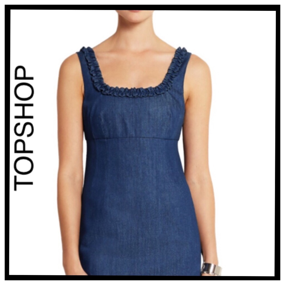 Topshop Navy Blue Denim Mini Dress with Ruffle Square Neck